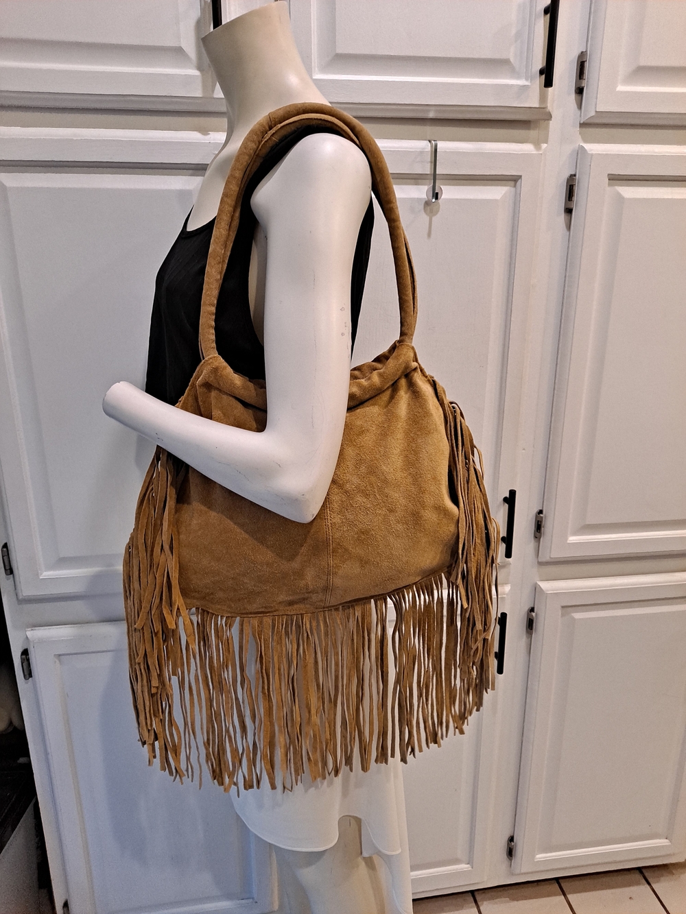 Newport News Easy Style Vintage Tan Suede Fringe Shoulder Bag Boho Saddlebag - Picture 9 of 11